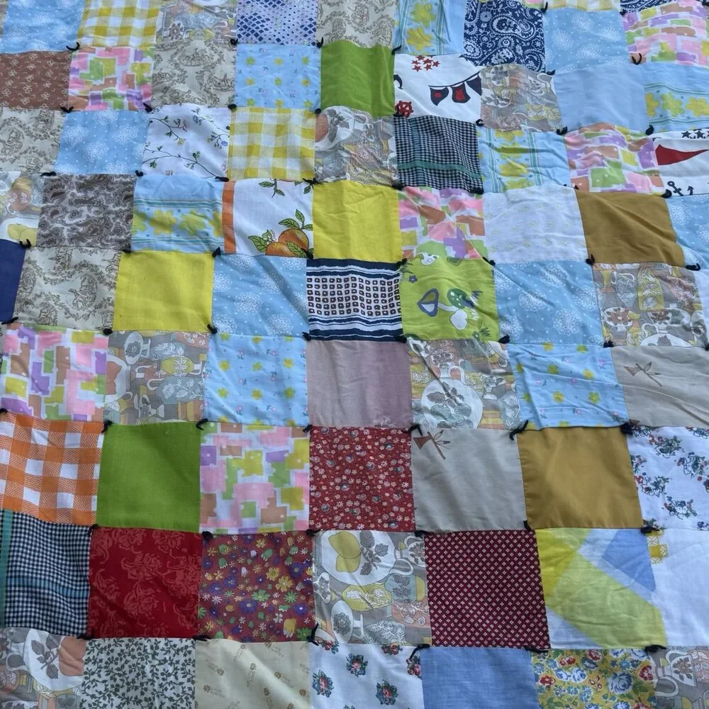 Vintage Handmade Patchwork Tied Quilt Blanket Multicolor 84x70 Throw Floral Blue